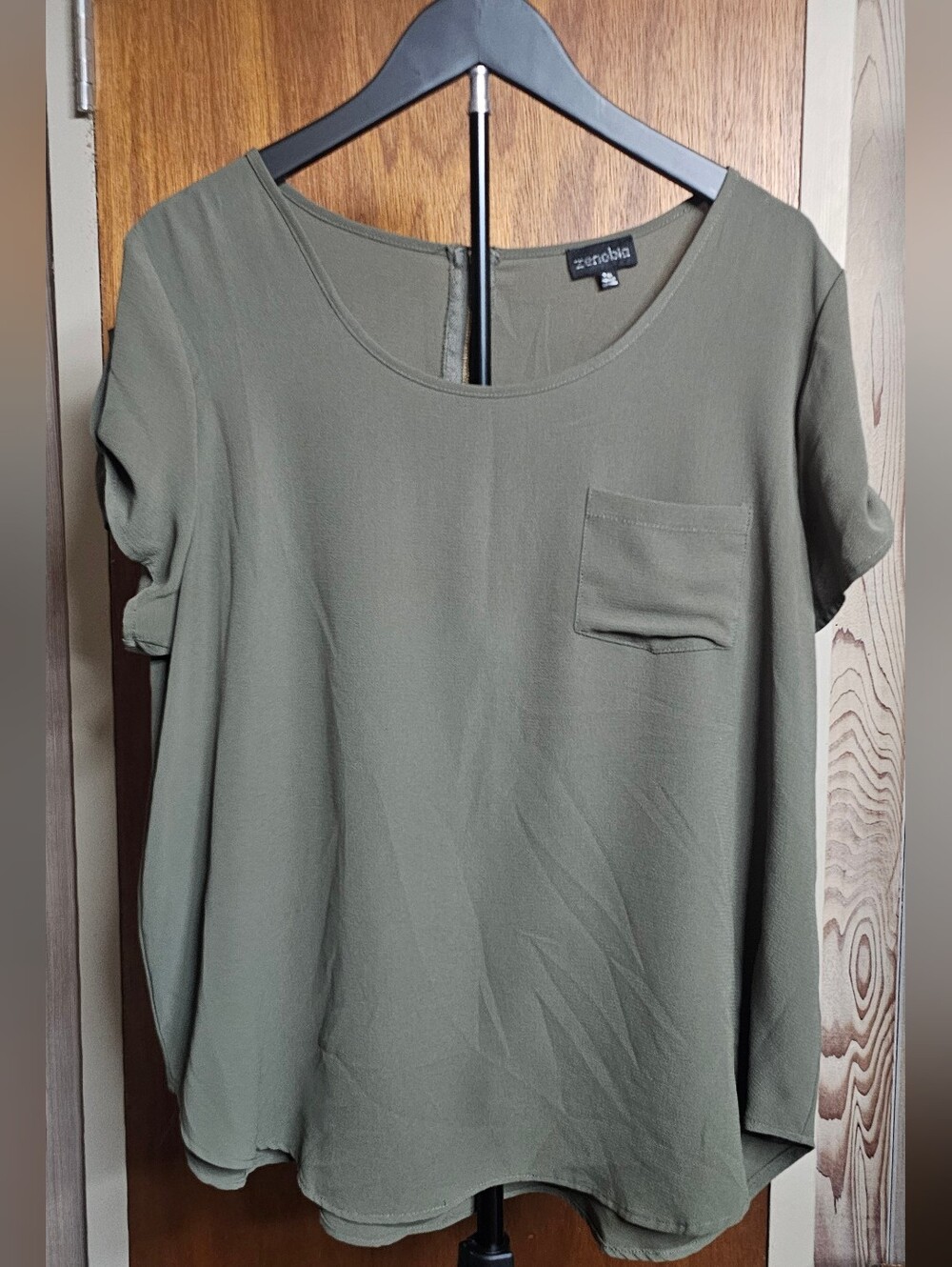 Zenobia Olive Relaxed Short Sleeve Pocket Blouse Plus